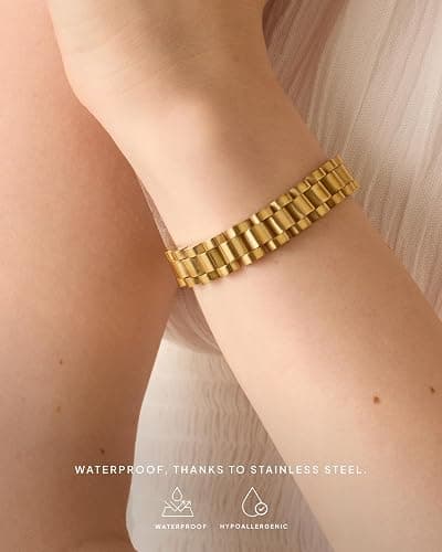 PAVOI 14K Gold Plated Chunky Watch Strap Chain Bracelet for Women | Waterproof Two Toned Mixed Metals Stainless Steel Timepiece Link Bracelet thumbnail 2
