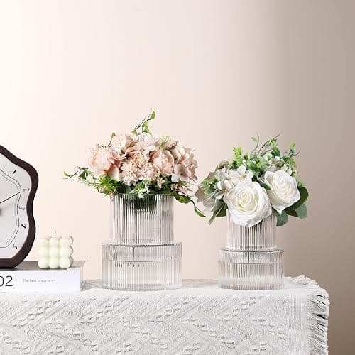 YANWE1 Ribbed Glass Vases for Bouquet, Set of 2 Fluted Vases for Flowers, Clear Vase for Tulips, Modern Glass Vase for Living Room, Office, Coffe Table, Dining Table, Shelf, Wedding thumbnail 7