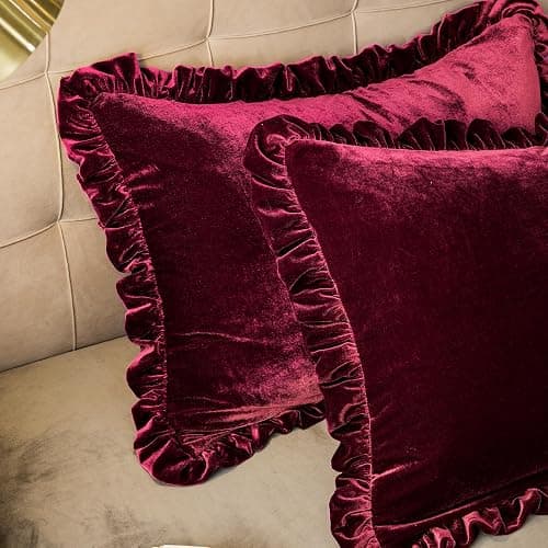 GLORY SEASON Velvet Pillow Shams Set of 2 Retro Ruffle Flounces Trim Soft Decorative Luxurious Solid Amaranth Farmhouse Vintage Pillow Cases for Bedroom Decor Standard 20x26 Inch thumbnail 8