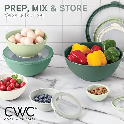 COOK WITH COLOR Mixing Bowls with TPR Lids - 12 Piece Plastic Nesting Bowls Set includes 6 Prep Bowls and 6 Lids - Microwave Safe (Sage) - Sage TPR Lids thumbnail 2