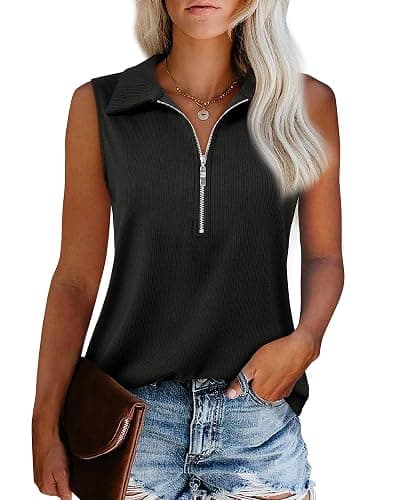 Vivilli Womens Ribbed Tank Top Zipper V Neck Dressy Casual Blouses Sleeveless Camisole Tops Work Tank Polo Shirts thumbnail 2