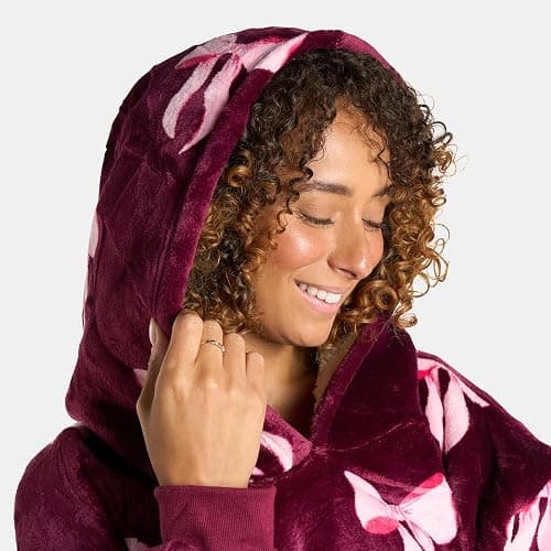 OHS Blanket Hoodie Women Bow Print, Mothers Day Gifts Super Soft Sherpa Fleece Warm Comfy Cosy Oversized Wearable Blanket Sweatshirt Big Pocket for Adults Women Girls, Burgundy/Pink thumbnail 2