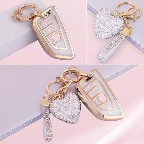 Meruns Compatiable with BMW key fob cover with Diamond Bling Keychain, Car Accessories Key holder Shell Compatiable with BMW X1 X2 X3 X5 X6 X7 GT and Series 2 3 4 5 6 7 8,Gold Clear thumbnail 3