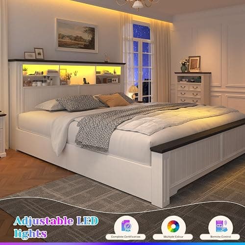 EnHomee King Size Bed Frame and Headboard & Storage, 4 Drawers and LED Built in Charging Station King Bed Frame with Storage Farmhouse,NO Noise,No Box Spring Needed,White thumbnail 6