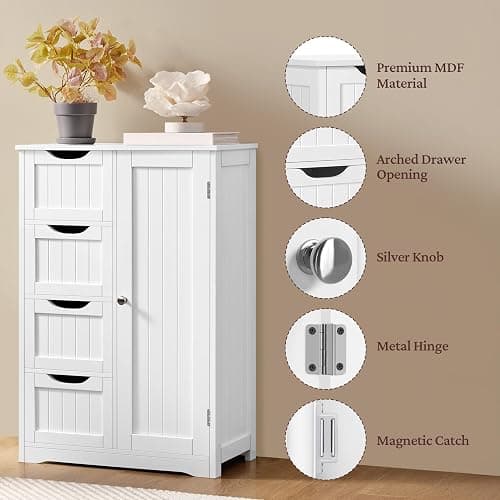 Yaheetech Wooden Floor Cabinet, Side Storage Organizer with 4 Drawers and 1 Cupboard, Freestanding Entryway Storage Unit Console Table, Bathroom Furniture Home Decor, White thumbnail 6