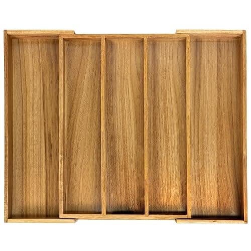 VaeFae Acacia Kitchen Silverware Organizer, Cutlery Drawer Organizer with 5 Compartments, Wooden Utensil Holder for Flatware and Cooking Tools - Image 1
