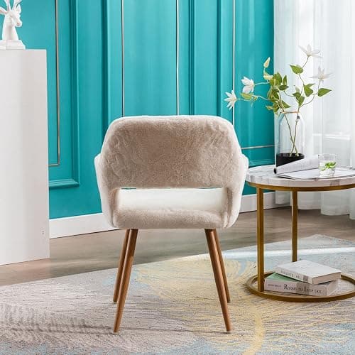 KCC Furry Desk Chair, Mid-Century Modern Accent Comfy Armchair with Faux Fur for Teen Girls, Wood Look Metal Legs Living Dining Room, Home Vanity Makeup Office No Wheel, White. thumbnail 8