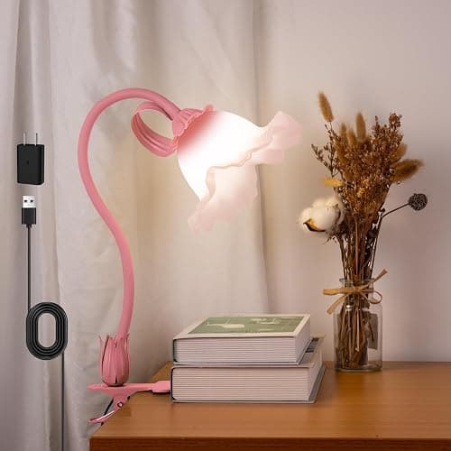 Flower Clip On Desk Lamp for Home and Dorm - Cute Floral Clip On Bedside Book Reading Light, Pink Flower Bunk Bed Lighting, Kawaii Led Flexible Gooseneck Table Lamp for Headboard with Clamp thumbnail 9