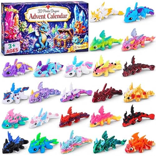 JOICEE 2026 Christmas Advent Calendar with Mini 3D Printed Dragon Animals | 24 Days 3D Printed Mini Dragon Animal Figurines Articulated Flexible Fidget Toys for Kids Boys Girls Xmas Party Favors Gifts - Image 1