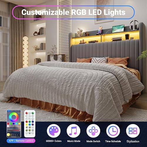 Allewie Full Size Lift Up Hydraulic Storage Bed Frame, 2-Tier Shelf Headboard with LED Lights and Charging Station, USB and Type C Ports, Wingback Velvet Headboard, No Box Spring Needed, Gray thumbnail 5