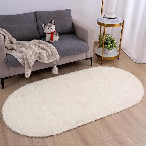 Goideal Fluffy Bedroom Rug, Small Oval Area Rugs, Cream Shag Bedside Carpet for Kids Room Nursery Dorm Cute Fuzzy Indoor Decor for Boy and Girl, 2.6 x 5.3 Feet thumbnail 2