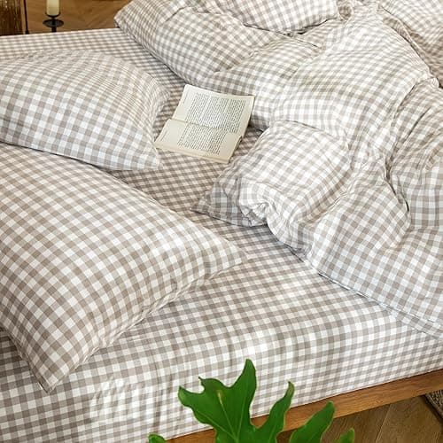 MooMee Gingham Duvet Cover Set 100% Washed Cotton Linen Like Textured Breathable Durable Soft Comfy Modern Checkered Design (Tannish Linen Grey Gingham, Palatial King/Oversized King 120"x98") thumbnail 9