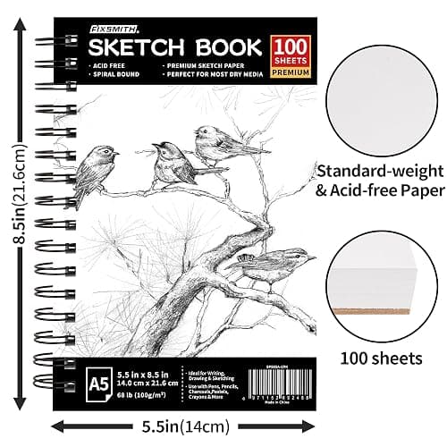 FIXSMITH 5.5"X8.5" Sketch Book | 100 Sheets (68 lb/100gsm) Sketchbook| Acid Free Drawing Paper | Spiral Bound Artist Sketch Pad | for Kids, Beginners, Artists & Professionals | Bright White thumbnail 3