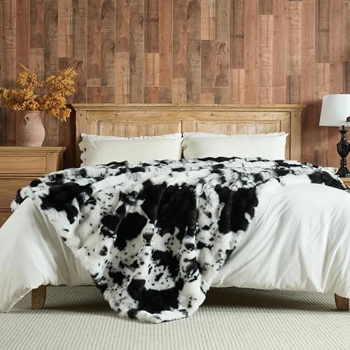 Lotus Karen Faux Fur Throw Blanket Cow Print-Black, Fluffy Fuzzy Plush Bubble Blanket for Couch, 60x50 Inches Cozy Shaggy Rabbit Blanket, Luxury Decorative Gifts for Sofa Bedroom Living Room. thumbnail 5