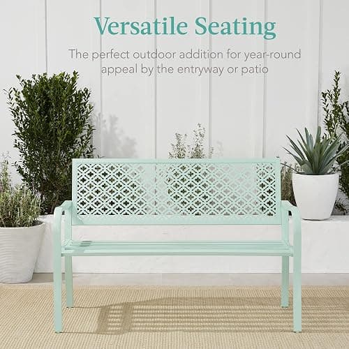 Best Choice Products Outdoor Bench 2-Person Metal Steel Benches Furniture for Garden, Patio, Porch, Entryway w/Geometric Backrest, 790lb Capacity - Mint Green thumbnail 6
