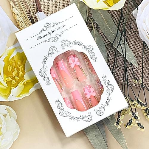 FIEONCIY Press on Nails Long Coffin Shaped Acrylic Glossy Full Cover Long Square French False Nails with Designs Artificial Extra Long Fake Nails with Charms Glue ons Fingernails for Women(XG10187) thumbnail 6
