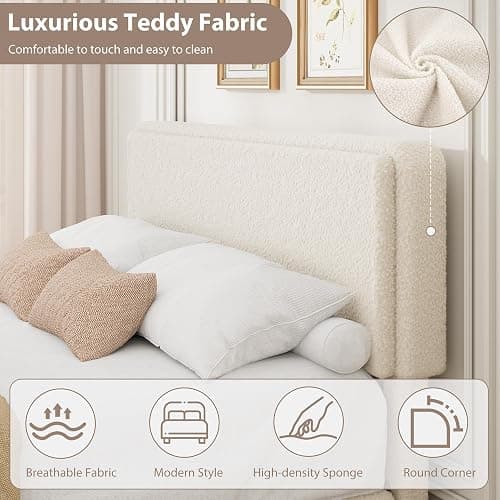 Garvee Full Size Teddy Fleece Bed Frame, Upholstered Platform Bed with 2 Storage Drawers, Height Adjustable Cloud Headboard, Thick Soft Teddy Fabric Bed, Modern Style, No Box Spring Required, Cream thumbnail 3