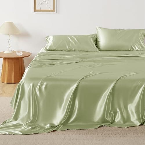 Bedsure Satin Sheets Queen Size - 4 Piece Silky Bedsheets with 15 Inches Deep Pocket Fitted Bedsheet,1 Flat Sheet, 2 Satin Pillowcases, Good for Hair & Skin (Queen, Sage Green) - Image 1