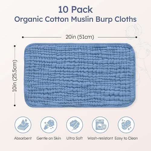 Yoofoss Muslin Burp Cloths for Baby 10 Pack 100% Cotton Baby Washcloths for Boys Girls Large 20''X10'' Super Soft and Absorbent Progressive Blue thumbnail 2