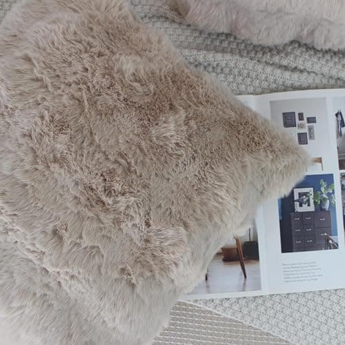NIULAA Beige Cushion Covers 45 x 45 Soft Fluffy Faux Fur Cushion Cover Set of 2 Thick Plush Luxury Decorative Pillows 18x18 Modern Moroccan Style Covers Bedroom Sofa Pillow Shell thumbnail 3