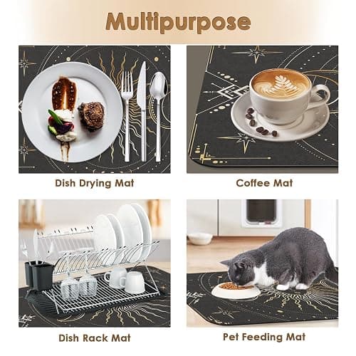 Arttown Coffee Mat for Countertops, Black Gold Sun Moon Boho Dish Drying Mat 2 Pcs for Kitchen Bar Accessories, Fit Under Coffee Maker Espresso Machine Dish Rack Hide Stain Rubber 12x19in thumbnail 6