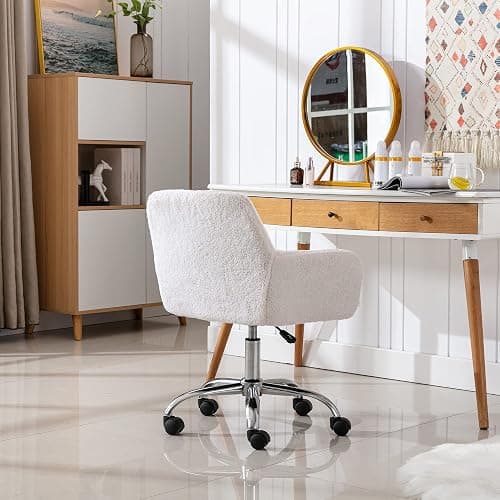 KCC Faux Fur Vanity Makeup Desk Chair, Comfy Fluffy Swivel Modern Leisure Armchair with Wheels, Upholstered Fuzzy Height Adjustable for Teens Women Girls Elegant Home Office thumbnail 9