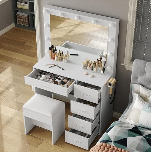 FUSOU 37" Vanity Desk with Mirror & LED Lights, Makeup Vanity with Power Outlet & USB, 3 Lighting Modes, Dressing Table with 5 Drawers & Stool for Bedroom, White thumbnail 3