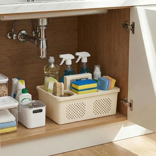 KMV Dorm Room Portable Shower Caddy with Adjustable Compartments - Ventilated Drainage Design with Handles, Perfect Toiletries Organizer for College Dorms-beige thumbnail 9