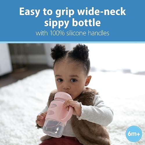 Dr. Brown's Milestones Wide-Neck Sippy Spout Bottle with 100% Silicone Handles, Easy-Grip Handles with Soft Sippy Spout, 9oz/270mL, Light-Pink & Ecru, 2-Pack, 6m+ thumbnail 4