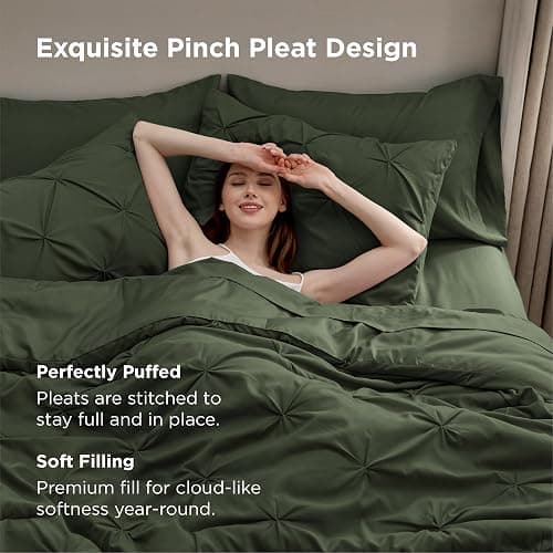 Bedsure Oversized Queen Comforter Set Olive Green - Bed in a Bag Bedding Set 7 PCS, GentleSoft™ Pintuck Bed Set Gift for Family, Pinch Pleat All Season Comforter with Sheets, Pillowcases & Shams thumbnail 4