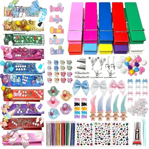 ELIZAHOME 10Sets 6 Inch Giant Clothespin Set Includes 10 Colored Wooden Clothespins, 300 Beads, 20 Mini Resin Ducks, 20 Fuzz Balls, 13 Bows, 6 Glitter, and Various Cheer Pin Charms,Cheerleading Gifts - Image 1