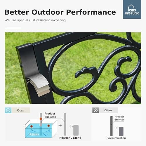 MFSTUDIO 50 Inches Outdoor Garden Bench, Cast Iron Metal Frame Patio Park Bench with Floral Pattern Backrest, Arch Legs for Porch Lawn Garden Yard(Black) thumbnail 7