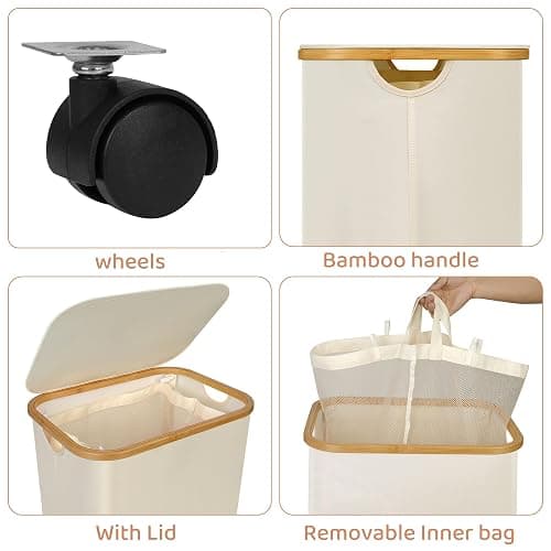 Laundry Hamper with Wheels,110L Laundry Basket with lid Rolling Clothes Basket Foldable Dirty Clothes Hamper on wheels with Bamboo Frame and Bag for Bedroom, Dorm, Laundry Room,Beige(29 Gal) thumbnail 3