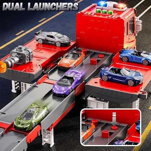XINNOVEL Fire Trucks Toys for Toddlers Ages 3-5, Folded Carrier Truck Race Track with with Lights & Sounds and 6 Racing Car Toys, Birthday Gift for 3 4 5 6 7 8 Years Old Boys Girls thumbnail 5