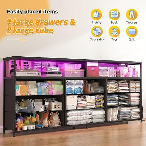 55” W Black Dresser for Bedroom with Charging Station & LED Light, 65/55/50 Inch TV Stand with 9 Fabric Drawers, Sturdy Chest of Drawers with 2 Wooden Open Shelves for Bedroom, Dorm, Living Room thumbnail 5