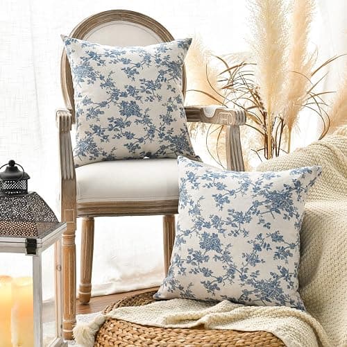 AVOIN colorlife Chinoiserie Grandmillennial Bule White Flower Christmas Throw Pillow Covers 18 x 18 Inch Set of 2, Sateen Breathable Cushion Case on Sofa Couch Soft for Quality Sleep thumbnail 4