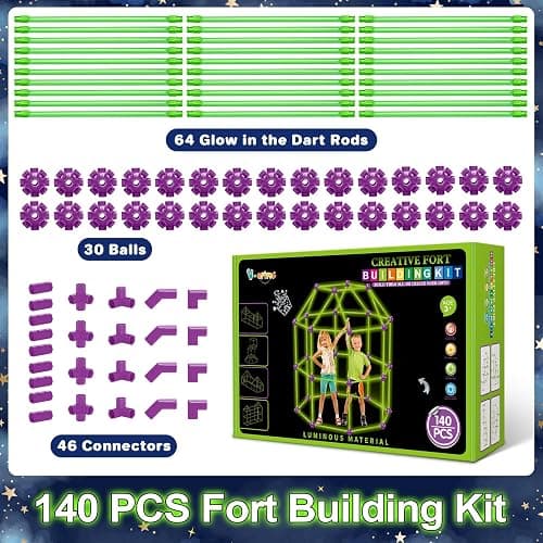V-Opitos 140 Pack Glow in The Dart Fort Building Kits for Kids Age 4, 5, 6, 7, 8+ Years Old, STEM Building Toys for DIY Castles, Tunnels, Ideal Christmas, Birthday Gifts for Boys & Girls thumbnail 6