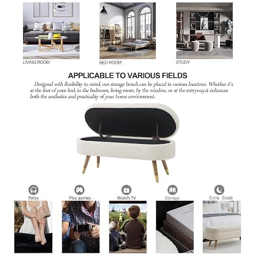 IAFIKE Oval Storage Bench 43.5" Ottoman Bench Upholstered Boucle Fabric Footrest Bench with Golden Metal Legs End of Bed for Bedroom, Living Room, Entryway,Bed Side (Beige) thumbnail 7