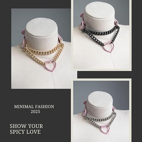 ADEMISHIA Black/Pink Leather Choker Necklace For Women, Handmade Adjustable Chain Collar with Metallic Heart Ring - Pink&Black thumbnail 2