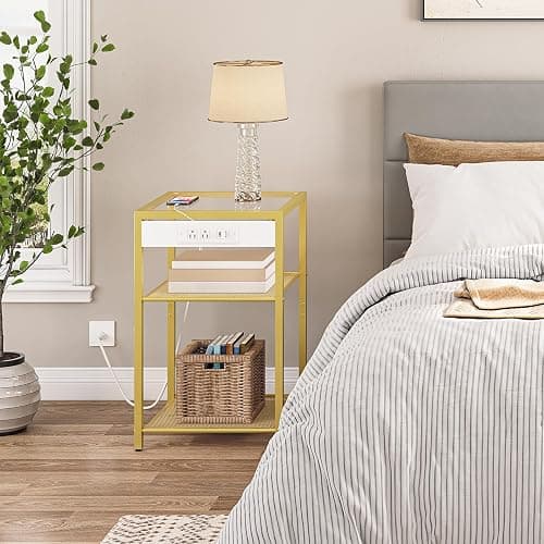 HOOBRO End Table with Charging Station, Side Table with USB Port & Power Outlets, 3-Tier Slim Nightstand with Storage Shelves, Tempered Glass, for Living Room, Bedroom, Gold GD77UBZ01 thumbnail 5