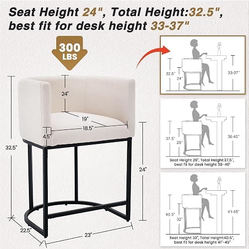 HNY Modern Counter Height Linen Fabric Upholstered Counter Stools Set of 2, 24 Inch Kitchen Island Stool with Black Tubular Frame, Cream - 2 - 24inch Cream,black Base thumbnail 2
