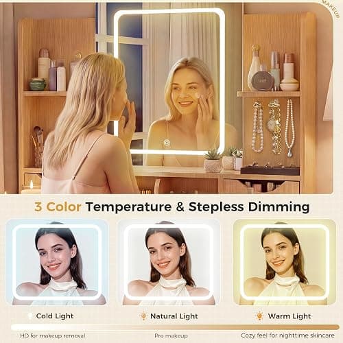 Vanity Desk with Mirror and Lights, Makeup Vanity Table with Large 6 Drawers Modern Fluted Wooden Dressing Table with Jewelry Hook 3 Color Modes Adjustable LED Mirror for Women Girls Bedroom or Dorm thumbnail 6