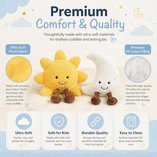 Malvjun Sun and Moon Plush Toy | 12'' Soft Smiling Stuffed Plushie Toys, Cute Decorative Throw Pillows for Kids Bedroom, Children's Birthday Holiday Gift Set thumbnail 3
