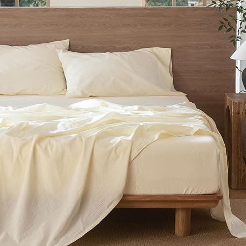 MooMee Bedding Sheet Set 100% Washed Cotton Linen Like Textured Breathable Durable Soft Comfy (Solid Cream White, California King) thumbnail 5
