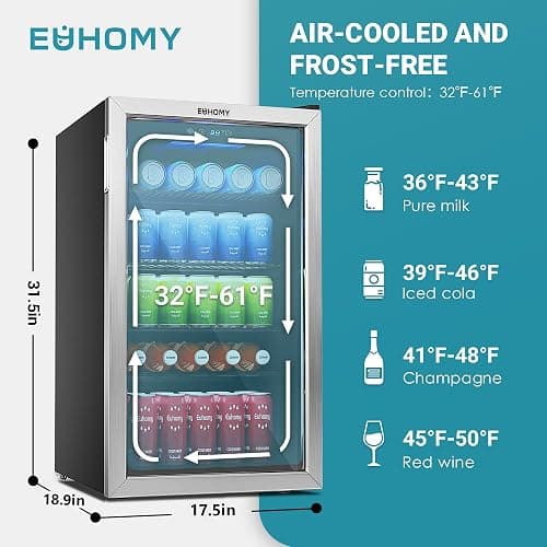 EUHOMY Beverage Refrigerator Cooler, 130 Can Mini Fridge with Glass Door for Soda Beer or Wine, Beverage Cooler for Home, Office, Bar with Adjustable Removable Shelves, Silver thumbnail 2