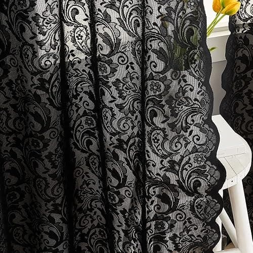ALIGOGO Black Lace Curtains for Bedroom, Gothic Style, 52W x 63L Inch | Halloween Home Decor, Witchy Moody Curtains, Victorian Vintage Floral Pattern, Light Filtering&Privacy, Rod Pocket, 2 Panels thumbnail 5