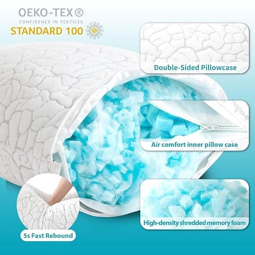WGAKCED Cooling Pillows for Sleeping 2 Pack, Adjustable Shredded Memory Foam Pillows Queen Size Set of 2, Firm Bed Pillows for Side Back Stomach Hot Sleepers, Cold Pillow with Removable Washable Cover thumbnail 5