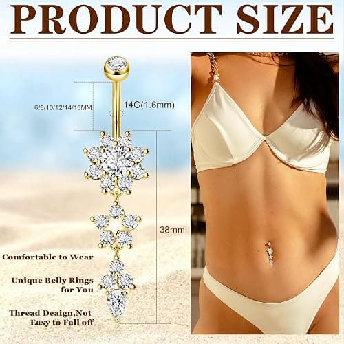 Masedy Pure Titanium Dangle Belly Button Rings for Women Internally Thread Curved Barbell Belly Rings Dangling Navel Rings CZ Flower Navel Piercing Jewelry 6-16mm thumbnail 2