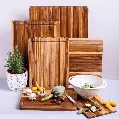 Teakhaus Cutting Board - Medium (M) Wood Cutting Board with Juice Groove and Grip Handles - 18”L x 14”W - Thin, Lightweight, Reversible Teak Edge Grain Wood - Knife Friendly - FSC Certified thumbnail 2