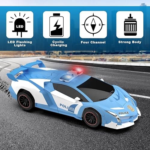 FDJ RC Cars - Transform Remote Control Car, 2.4Ghz 1:18 Scale Transforming Police Car Toy with Flashing Light, One Button Deformation 360 Degree Rotating Drifting Kids Toys Car for Boys Girls thumbnail 7
